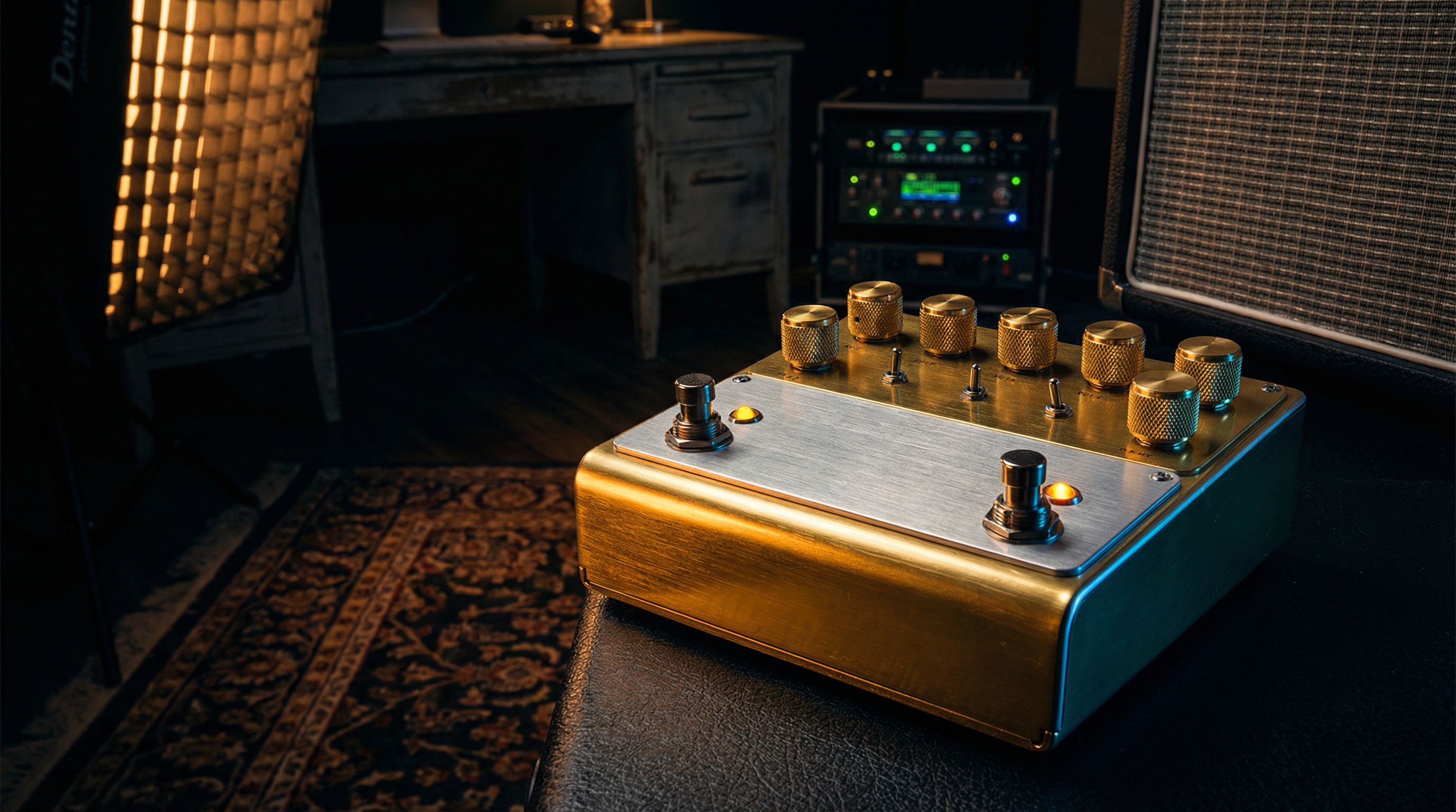 Two overdrive pedals — Klon-style transparent overdrive comparison on a recording studio pedalboard