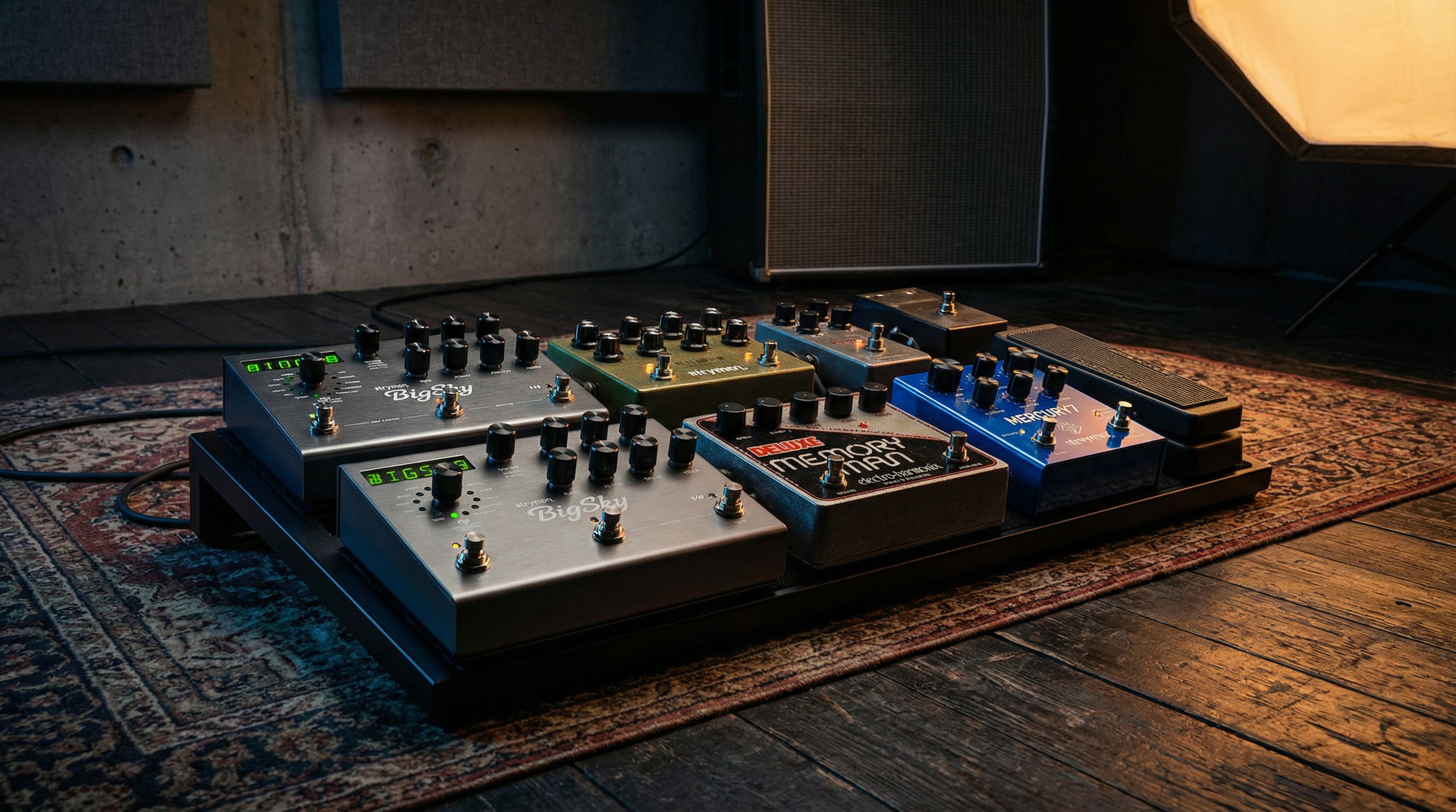 Guitar pedalboard with modeler and effects in a live performance setting