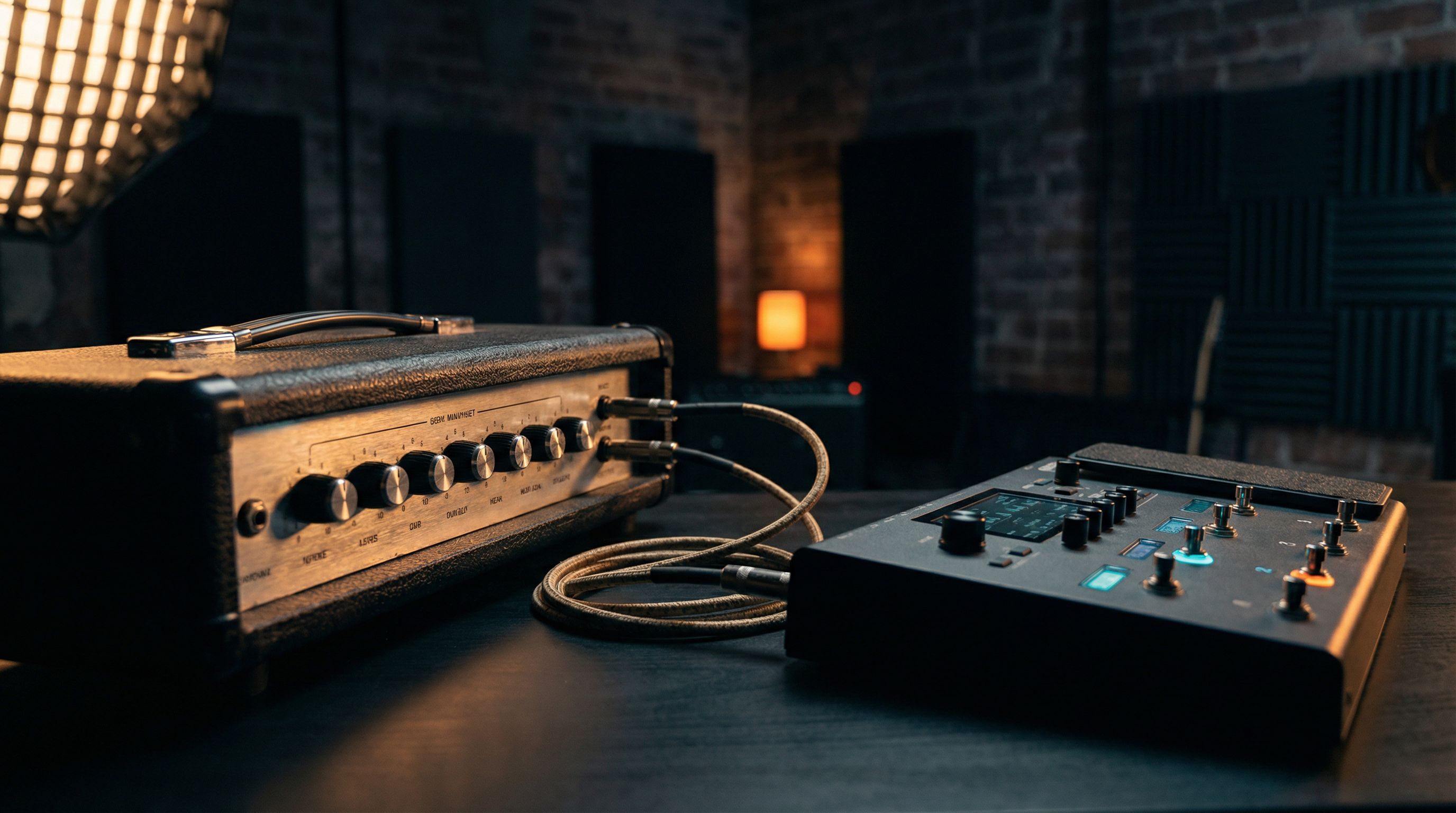 Electric guitar and effects pedalboard connected with cables on a wooden floor