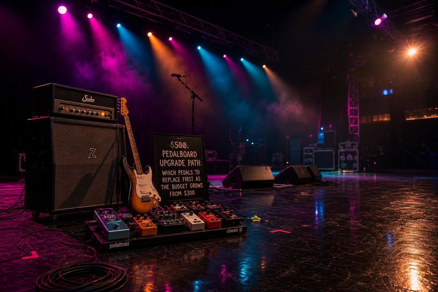 a composition illustrating "$500 Pedalboard Upgrade Path: Which Pedals to Replace First as the Budget Grows From $300"