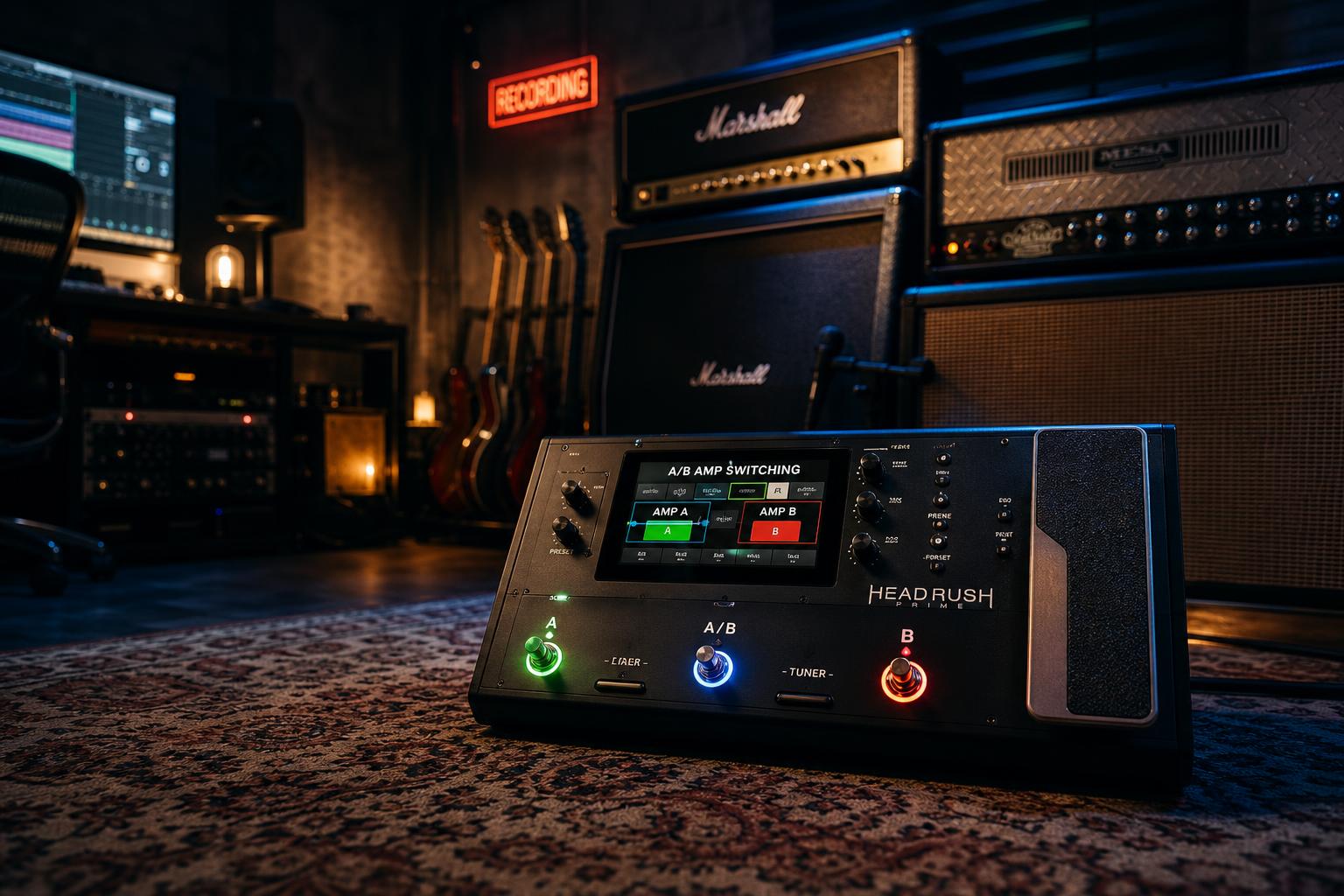 a composition illustrating "A/B Amp Switching on a Modeler: Verse-to-Chorus Tone Changes Without a Volume Jump"