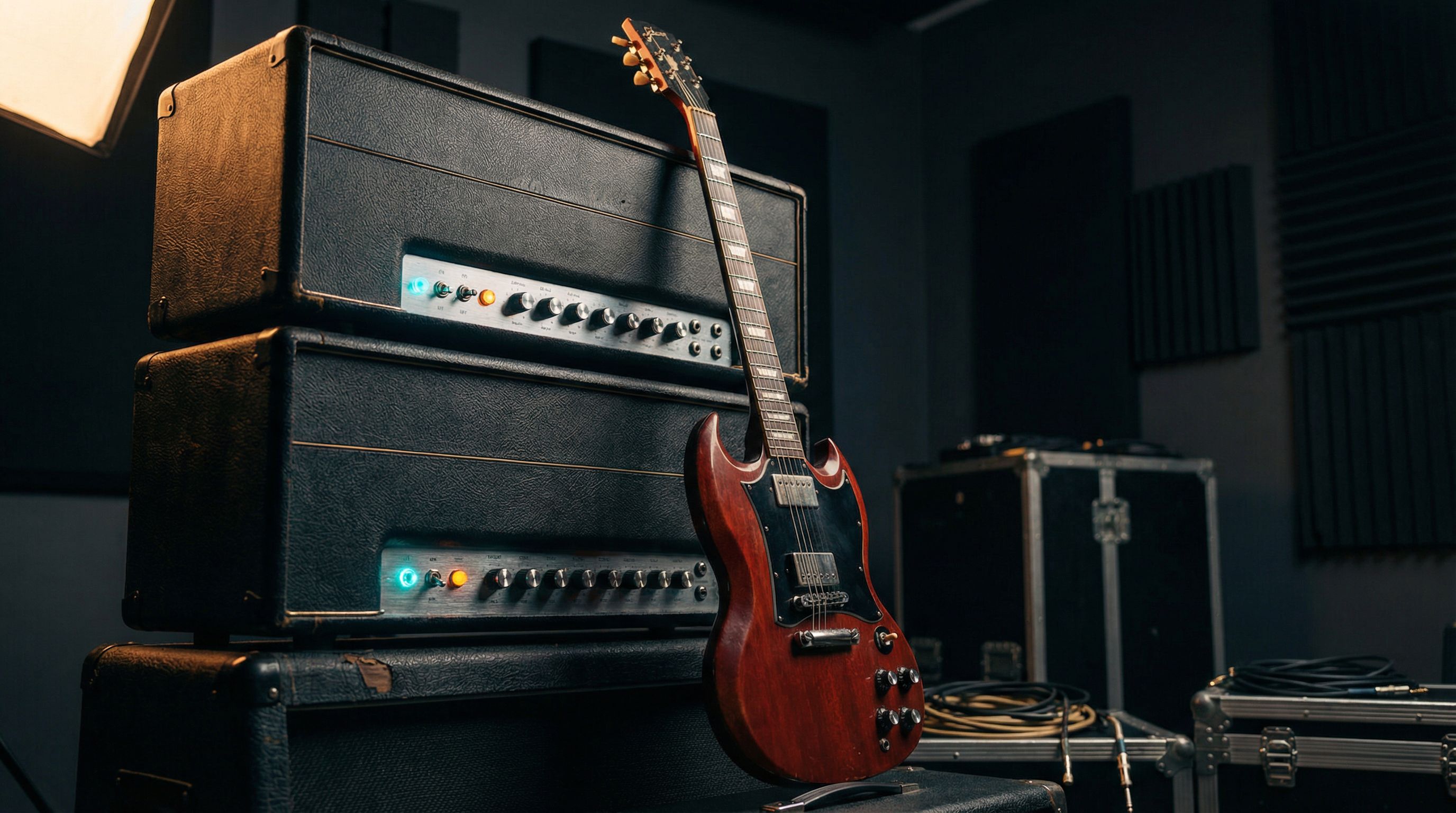 Vintage electric guitar on stage with stage lighting