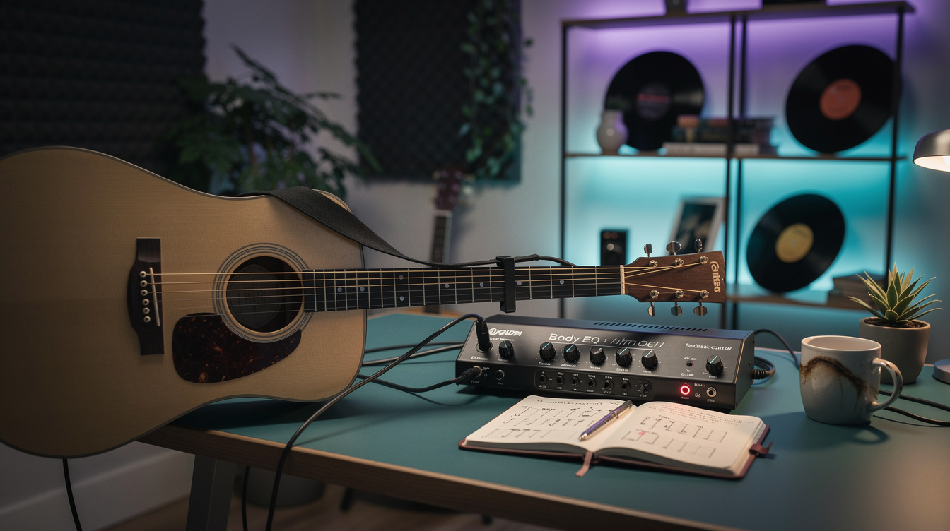 An acoustic-electric guitar plugged into a small floor modeler on a stage, the unit's screen showing an EQ and compressor chain with the amp and cab blocks switched off