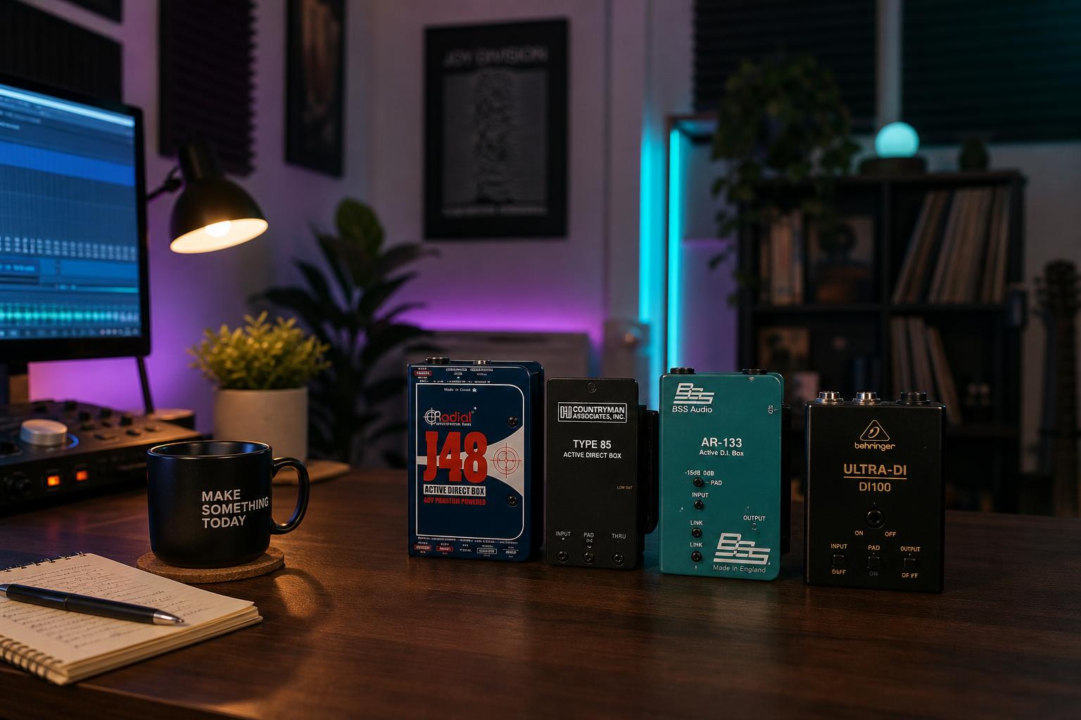 a composition illustrating "Active DI Shootout: Radial J48 vs. Countryman Type 85 vs. BSS AR-133 vs. Behringer DI100"