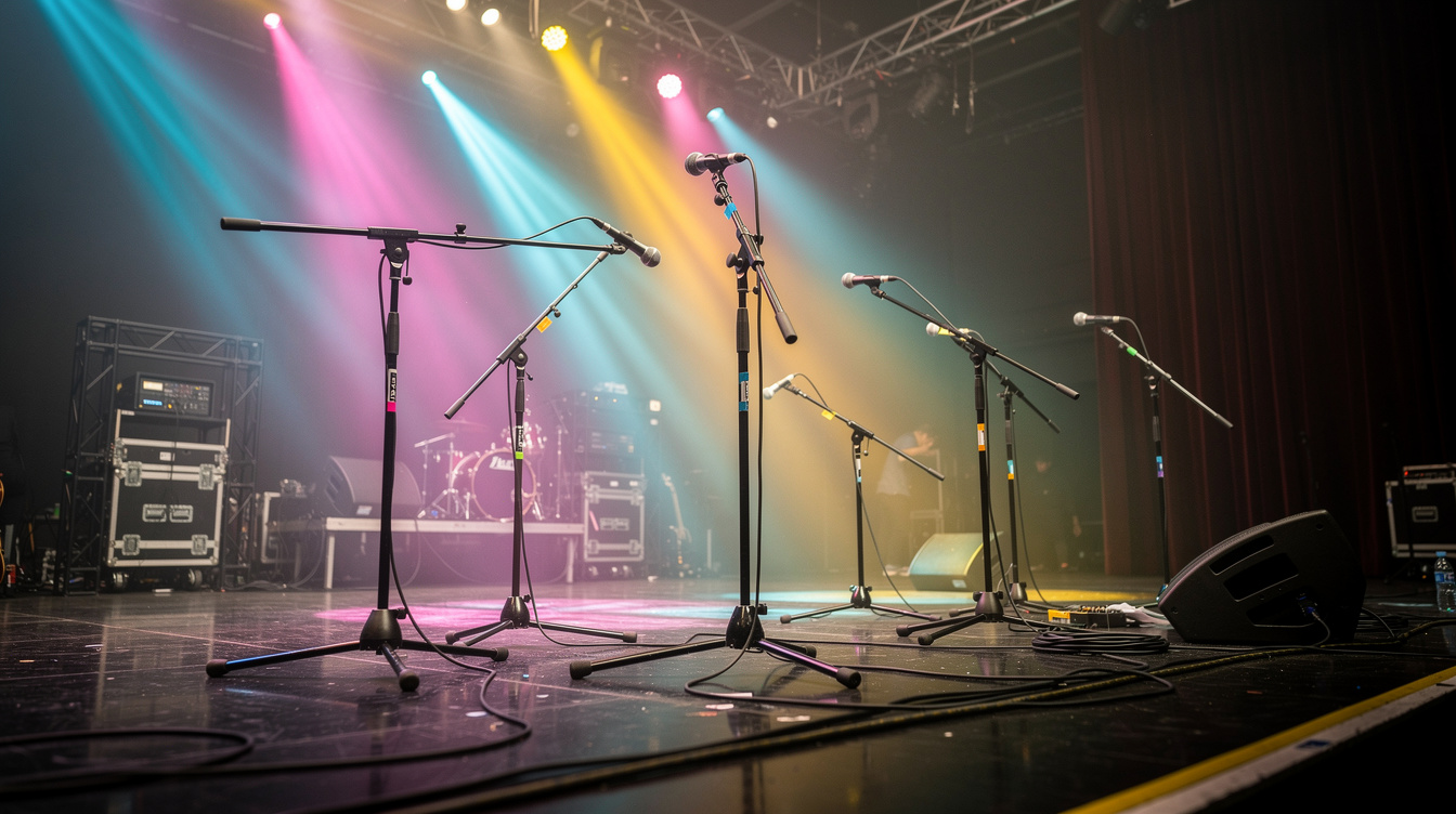 A dynamic microphone on a guitar amp on a live stage, angled so the back of the capsule points toward a drum kit to reject bleed