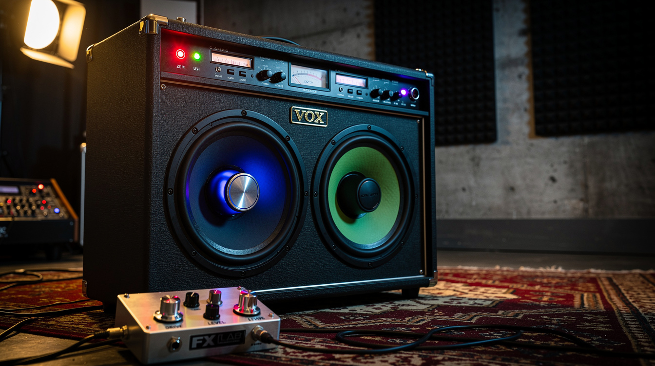 Two Celestion guitar speakers side by side inside a Vox AC30 cabinet, a blue-belled alnico speaker and a green-magnet Greenback, warm workshop light