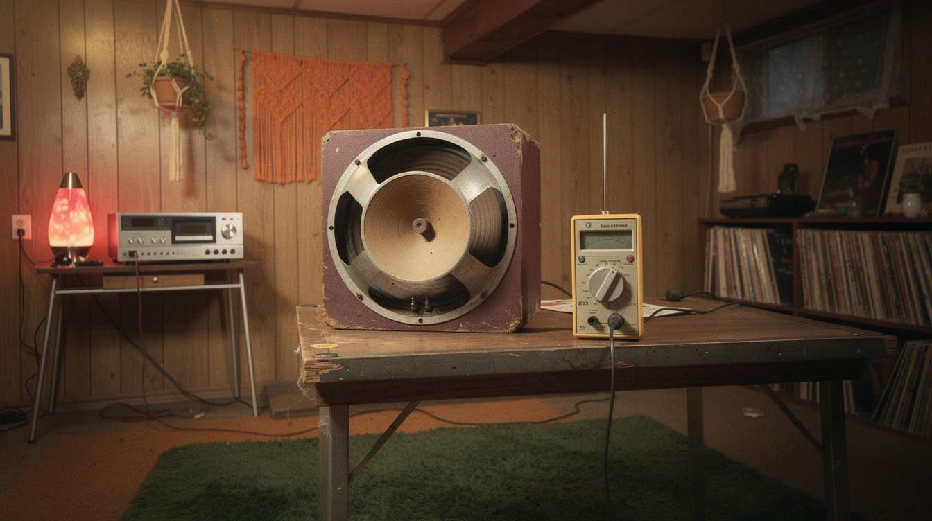 A vintage guitar speaker with its cone removed, mounted on a small baffle on a wooden table in a wood-panelled 1970s basement, beside a handheld meter with a probe