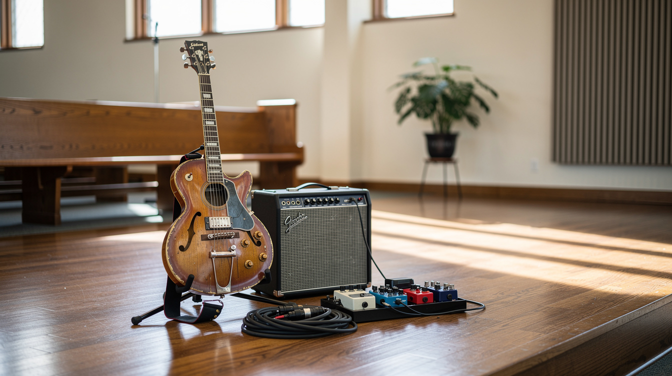 A hollowbody electric guitar on a stand next to a small Fender combo amp and a pedalboard on a church platform, wooden pews and daylight from high windows behind them