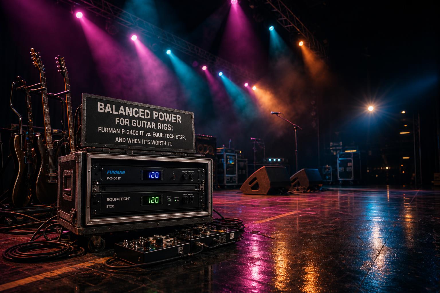 a composition illustrating "Balanced Power for Guitar Rigs: Furman P-2400 IT vs. Equi=Tech ET2R
