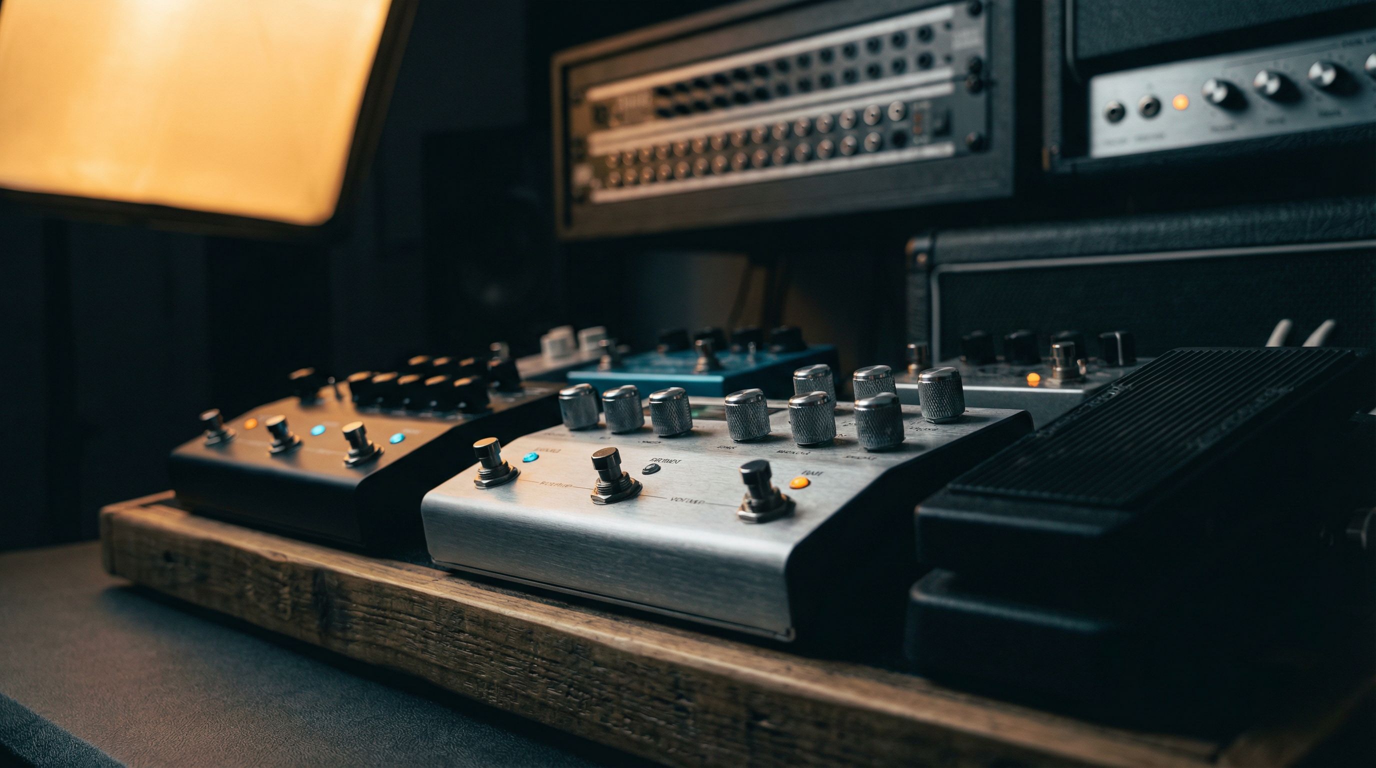 Guitar effects pedals on a pedalboard under blue stage lighting