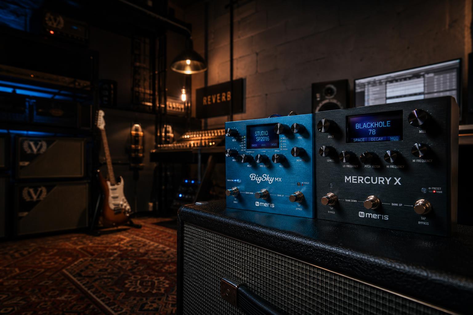 a composition illustrating "BigSky MX vs. Meris MercuryX: Two Flagship Reverbs Asking Different Questions"