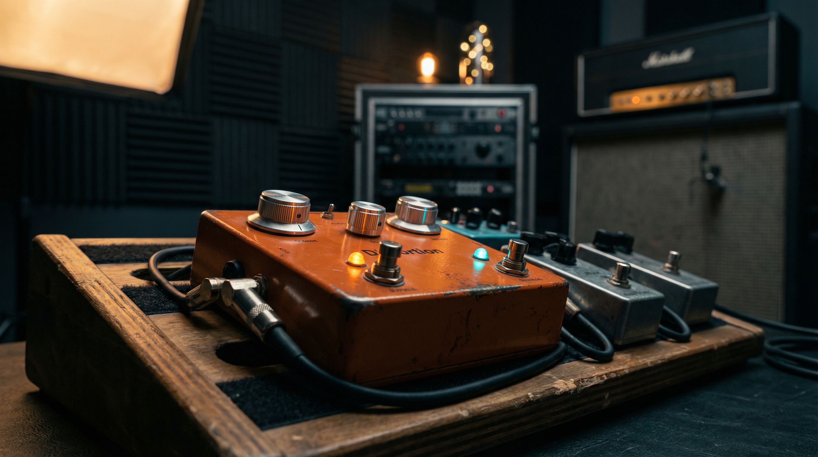 Guitar distortion pedals on a pedalboard