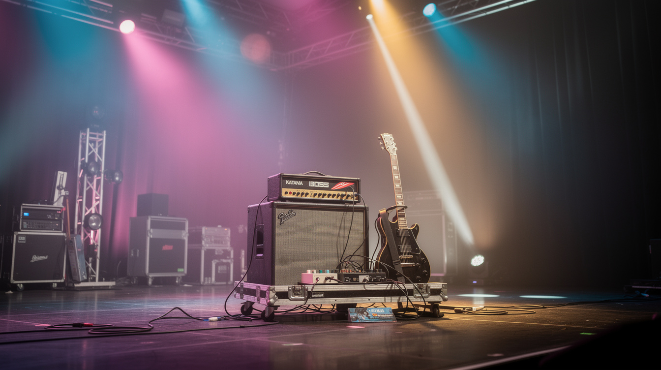 A Boss Katana combo amp on a small club stage with its control panel lit, patch cable running to a guitar leaning against it
