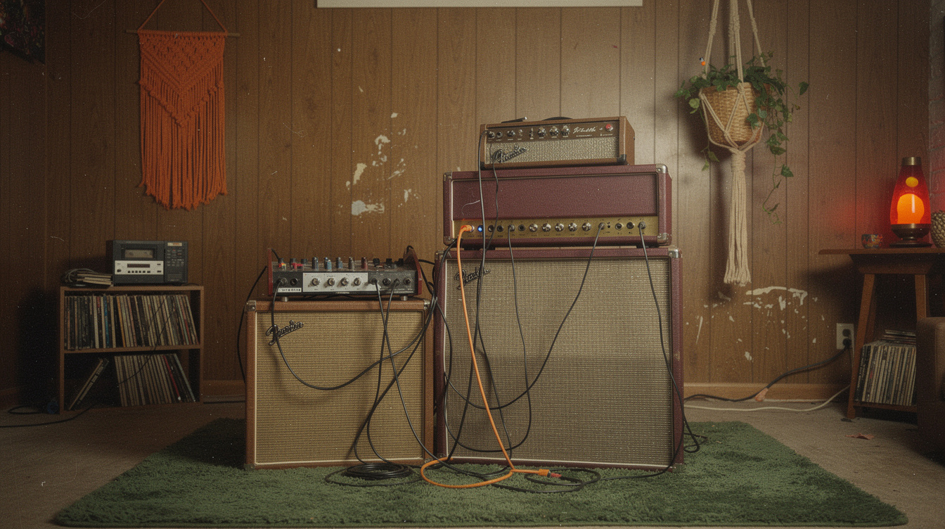 A small sealed 1x12 speaker cabinet next to a large 4x12 cabinet on a wood workshop floor, showing the size difference between the two enclosures