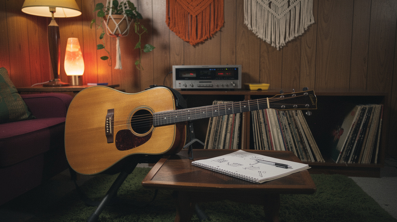 A capo clamped just behind the fifth fret of an electric guitar neck, with the open strings above it catching light