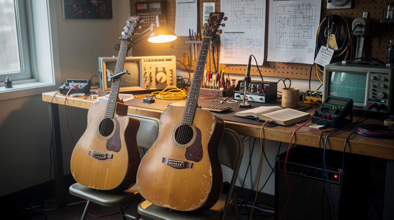 Two acoustic guitars leaning against chairs in front of a workbench, the one on the left with a capo clamped partway up the neck and the other without
