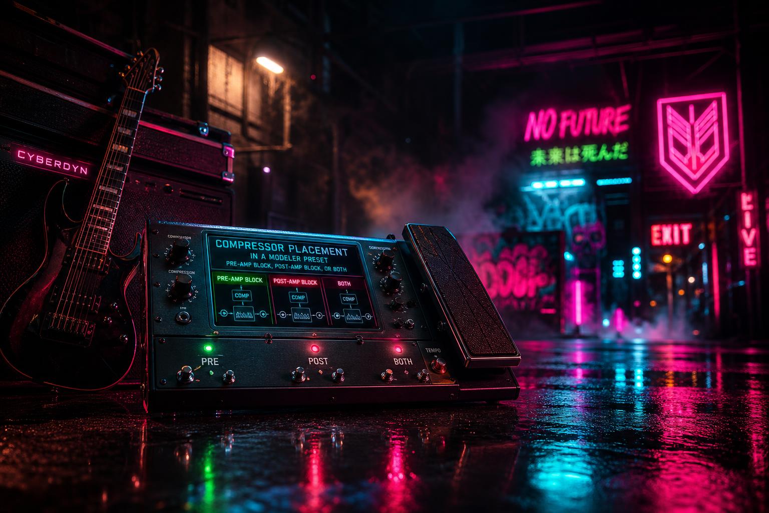 a composition illustrating "Compressor Placement in a Modeler Preset: Pre-Amp Block