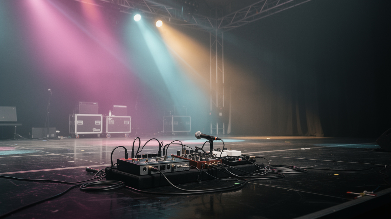 A delay pedal with the feedback knob turned past maximum and the time knob mid-sweep, set up to ride controlled self-oscillation as a sound-design tool