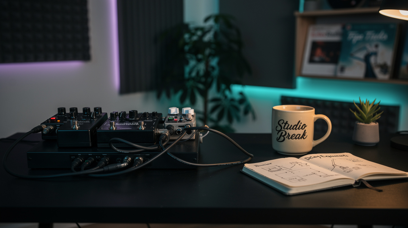 A delay pedal with its feedback send and return jacks patched to a filter and a pitch pedal, forming an external processing loop around the repeats