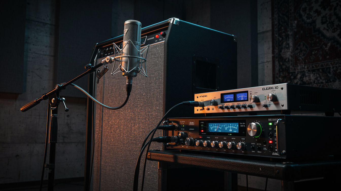 A passive ribbon microphone in front of a guitar cabinet with an inline gain booster connected between the mic cable and the preamp