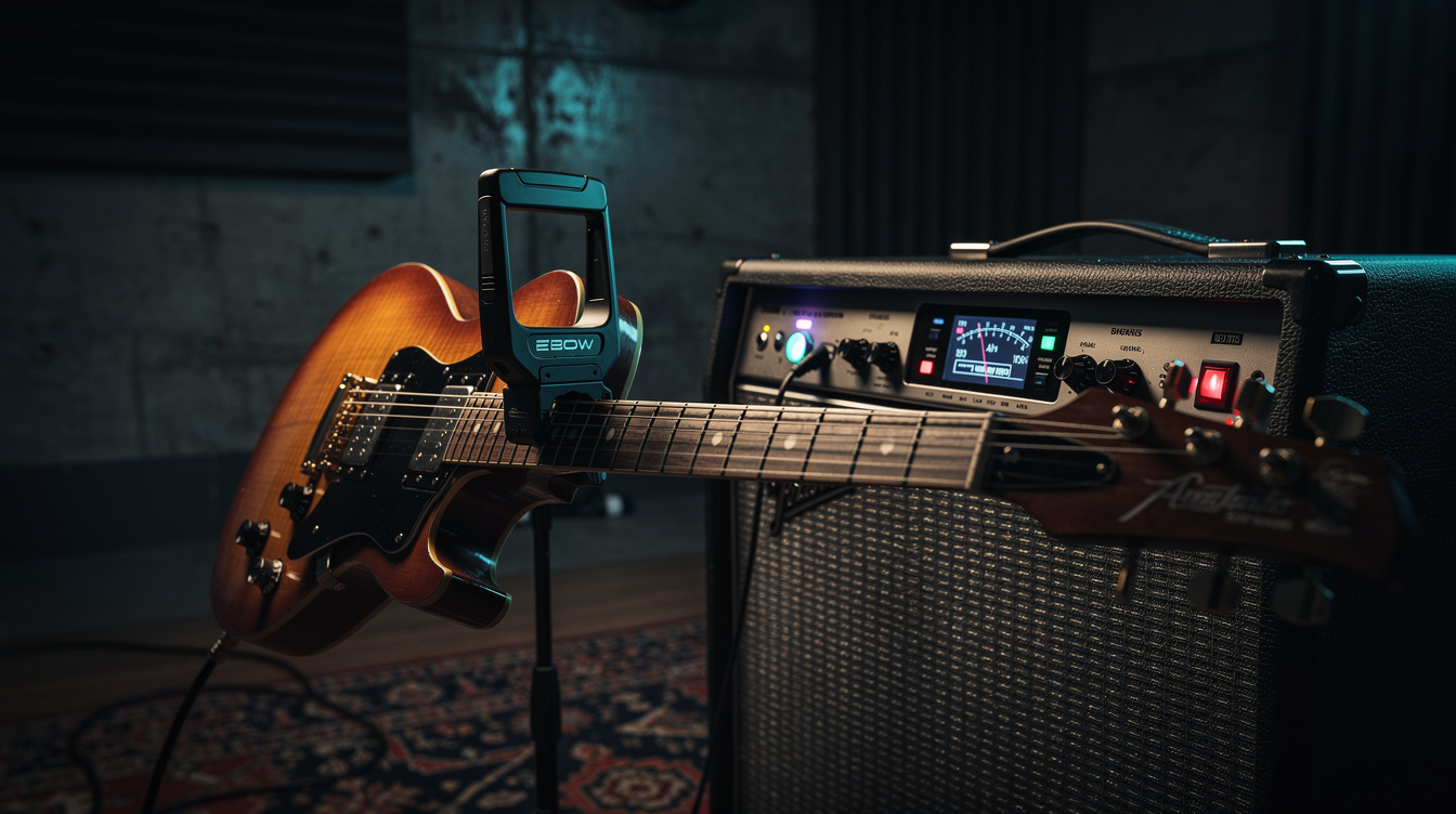 A handheld EBow held just above the strings of an electric guitar near the neck pickup, driving a single string into sustained vibration