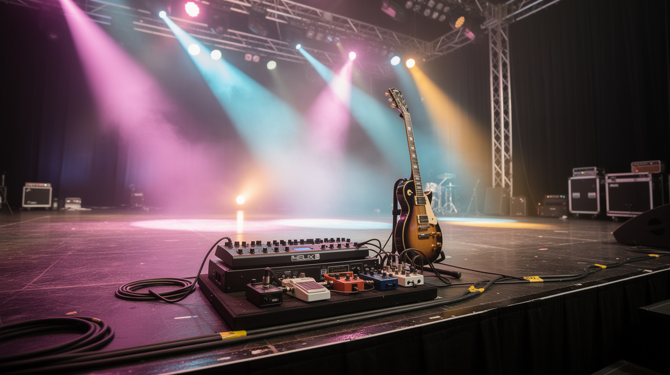 A Line 6 Helix preset for the Elevation Worship guitar tone — a Vox-style amp, a low-gain drive, a chorus block, a dotted-eighth delay, and a large reverb, laid out across rhythm, lead, and ambient snapshots