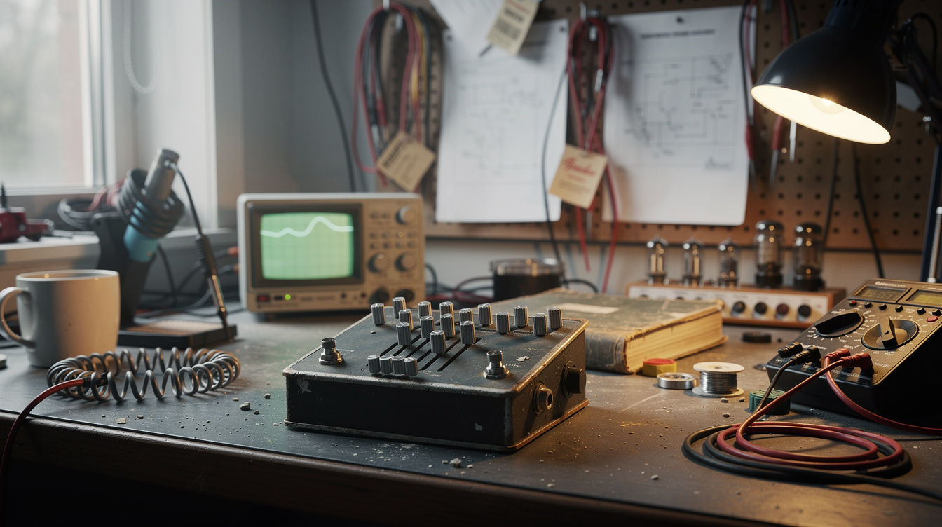 An amp repair bench under a desk lamp, with a slider-equipped graphic EQ pedal in the foreground, an oscilloscope showing a waveform, vacuum tubes, a multimeter and amp schematics pinned to the pegboard behind