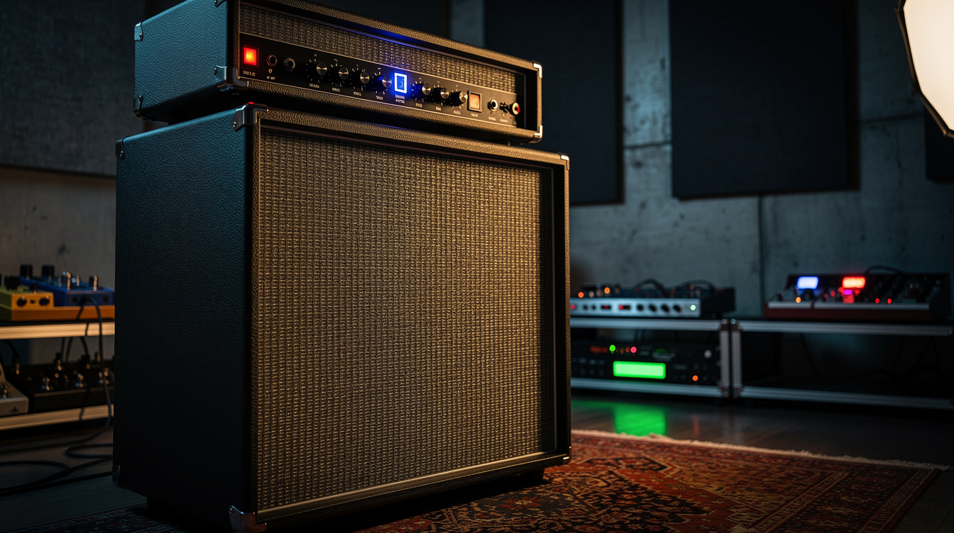 A black tolex amplifier head with a lit control panel sitting on a matching speaker cabinet with gold grille cloth, photographed at an angle in a dark studio with a pedalboard and rack gear behind it