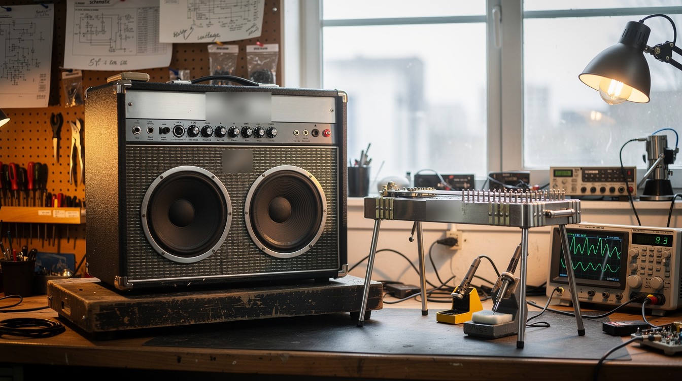 A silver-panel two-speaker combo amplifier with its grille open to show both speakers, beside a pedal steel guitar on a repair-shop workbench under a desk lamp