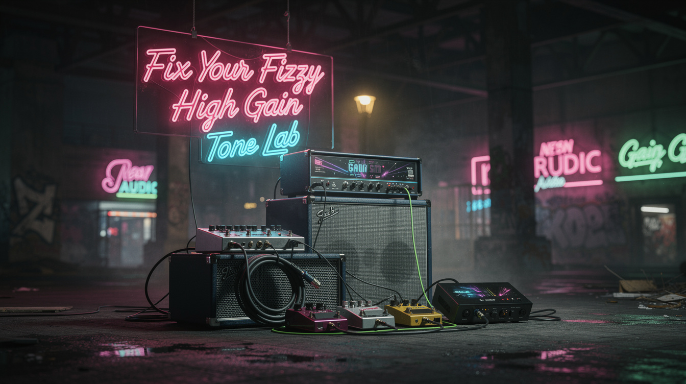 a composition illustrating "Fix Your Fizzy High Gain in 2 Minutes"