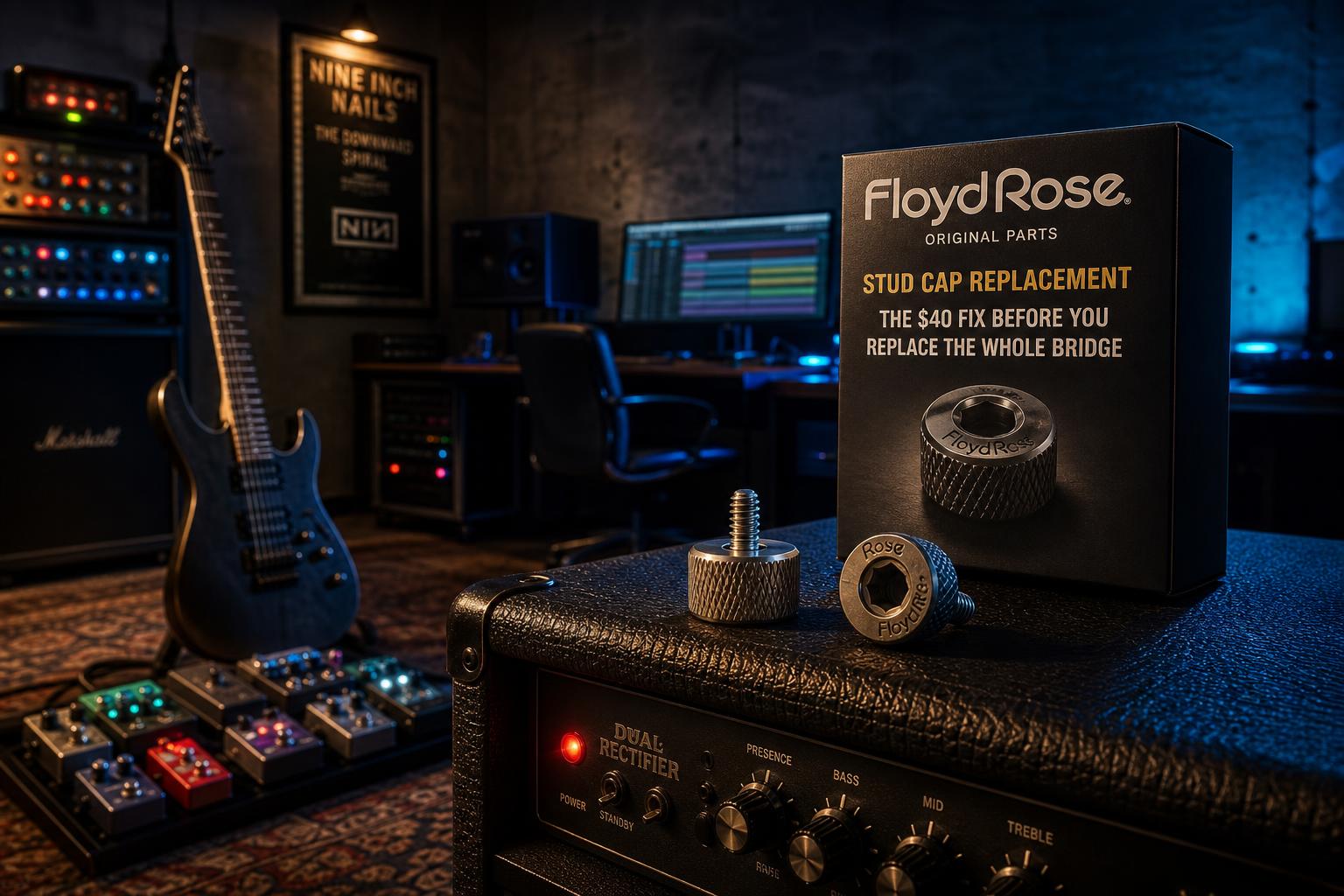 a composition illustrating "Floyd Rose Stud Cap Replacement: The $40 Fix Before You Replace the Whole Bridge"