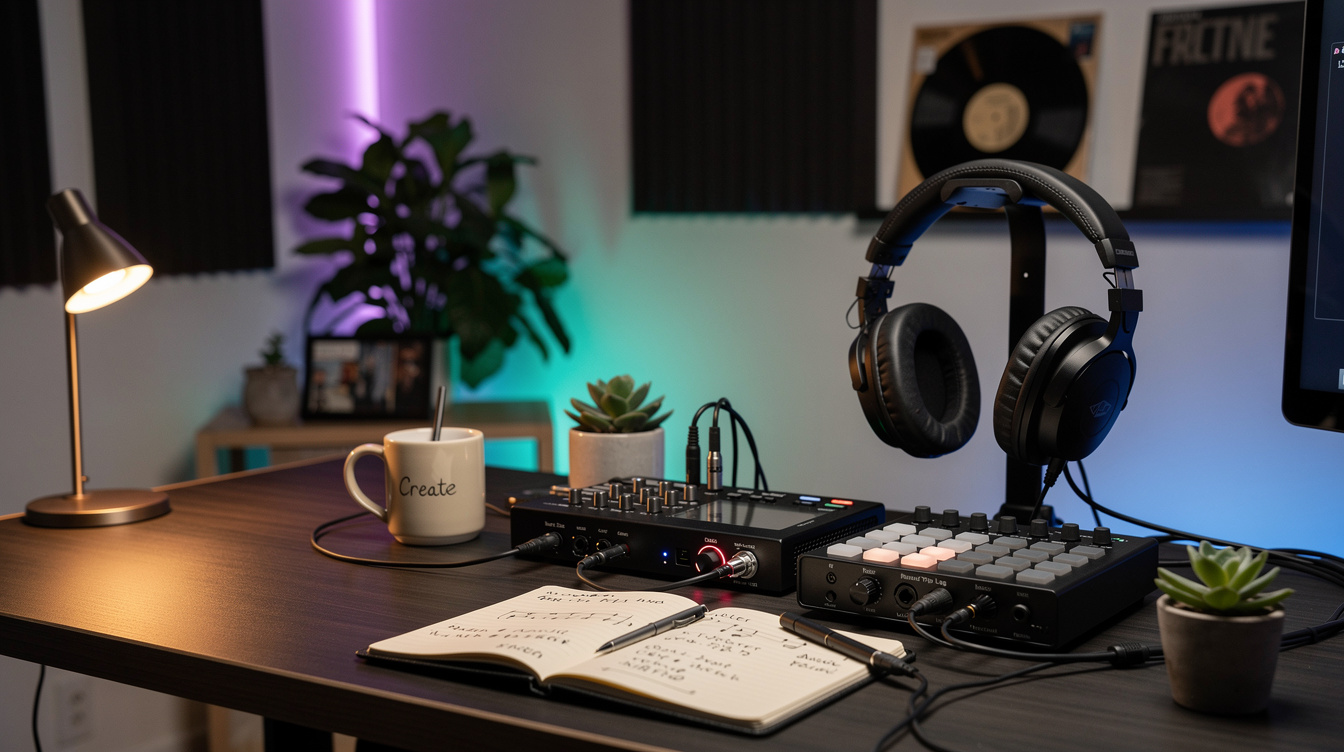 An audio interface and DAW buffer-size setting next to a guitar, illustrating the round-trip latency budget for recording and monitoring guitar