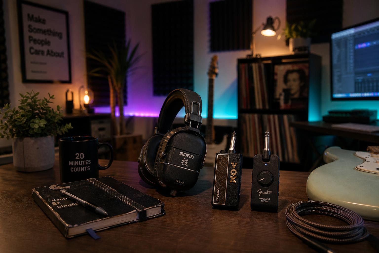 a composition illustrating "Boss Waza-Air vs. Vox Amplug 3 vs. Fender Mustang Micro: Headphone Amps for the 20-Minute Practice Window"