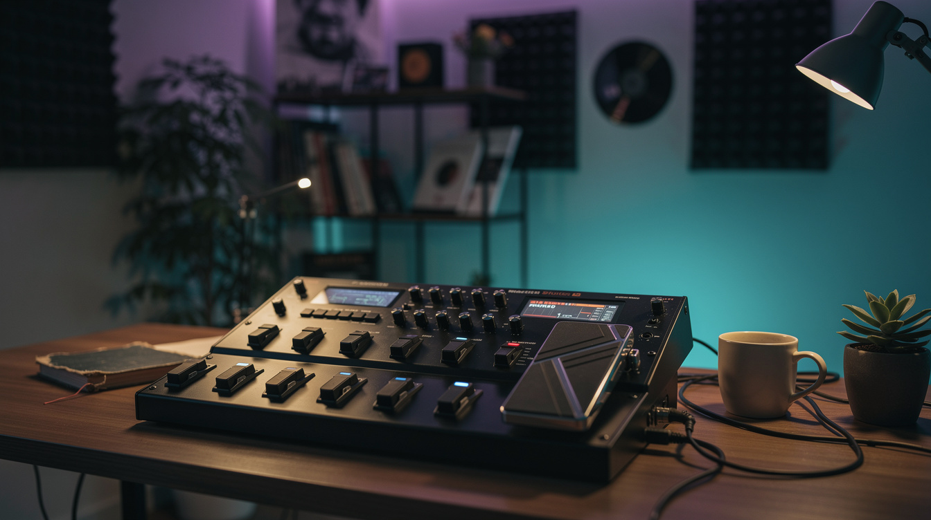 A black floor multi-effects processor with two rows of footswitches and an expression pedal sitting on a wooden desk in a dim bedroom studio, lit by a desk lamp with teal and purple light on the wall behind it