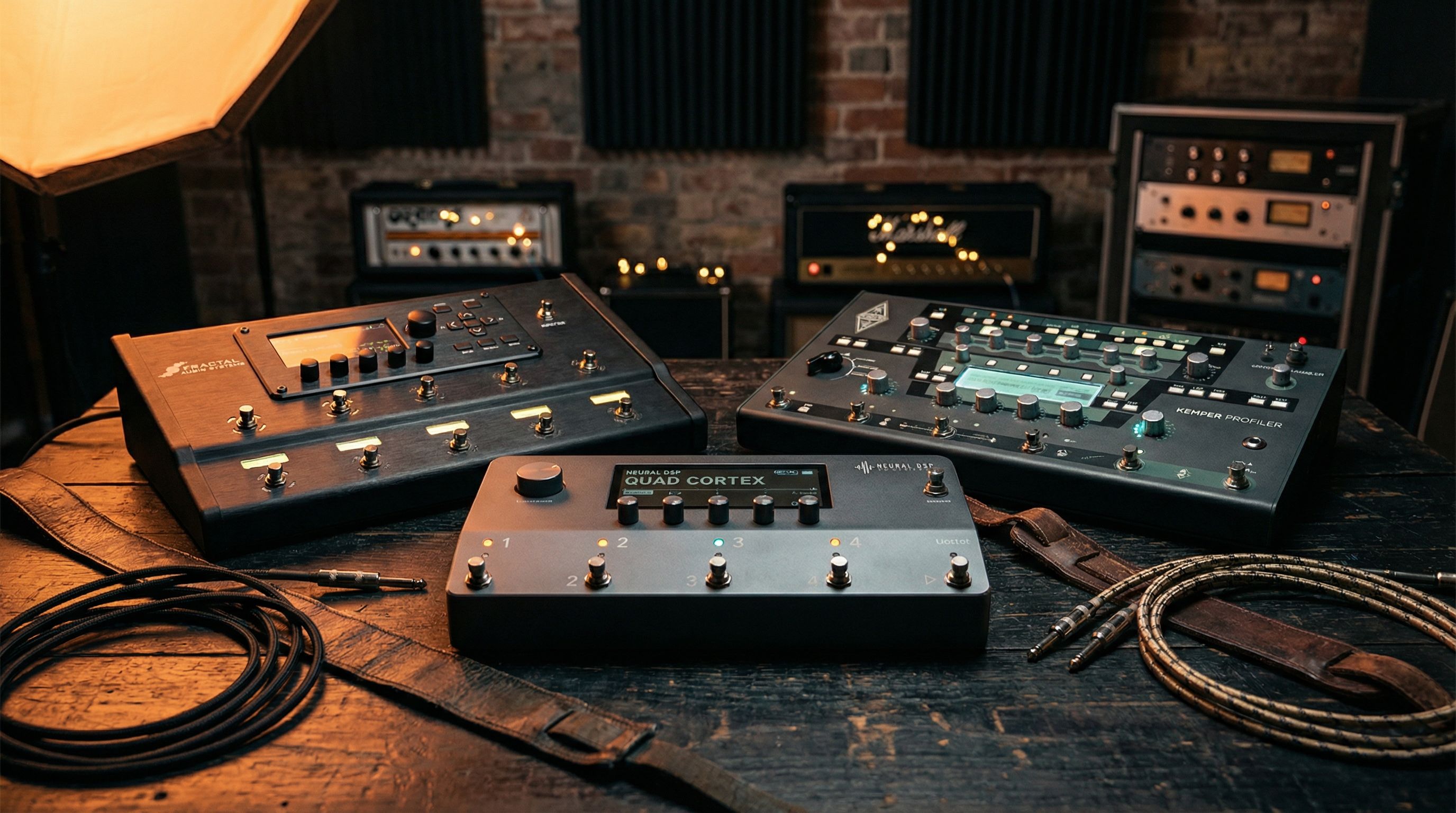 Close-up of a guitar multi-effects unit with knobs and LED display