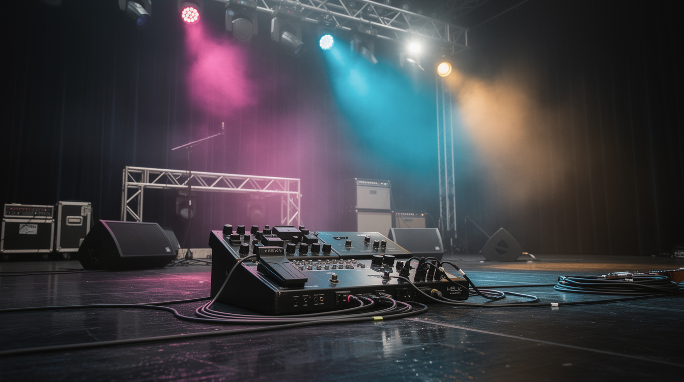 A Line 6 Helix on a worship stage lit in soft haze, snapshot footswitches glowing while the band plays behind it