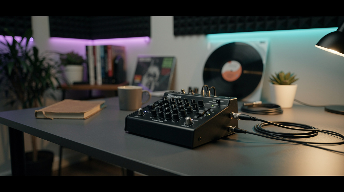 A small black graphic EQ unit with its faders set in a curve, patched with two cables on a grey desk in a dim bedroom studio, with a record sleeve, a mug and a plant behind it under teal and purple light