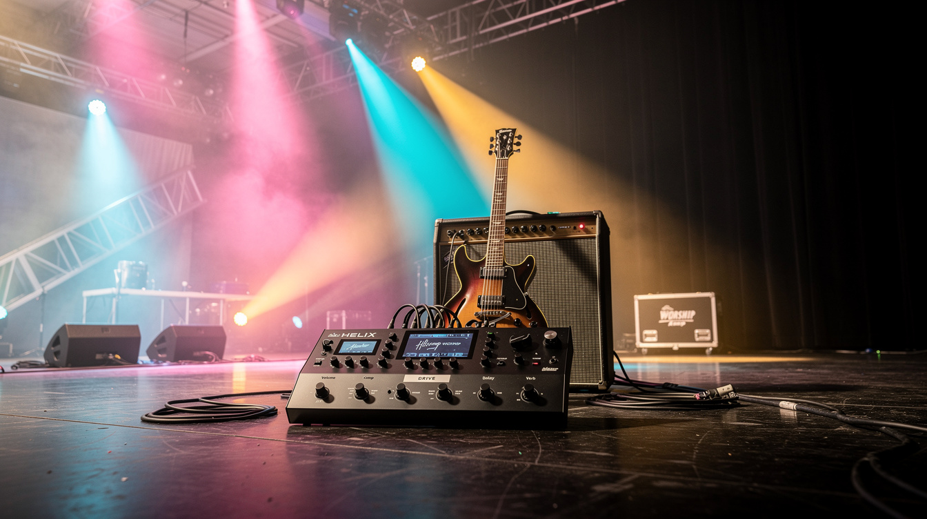 A Line 6 Helix preset for the Hillsong worship guitar tone — a Vox AC15/AC30 amp, an always-on preamp boost and compressor, a dotted-eighth tape delay, a long ambient delay, and a large shimmer reverb across clean-to-ambient snapshots