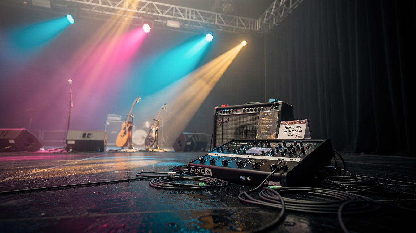 A chiming electric guitar under warm amber stage light in a large room, the delay repeats visualized as evenly spaced points of light receding into the space