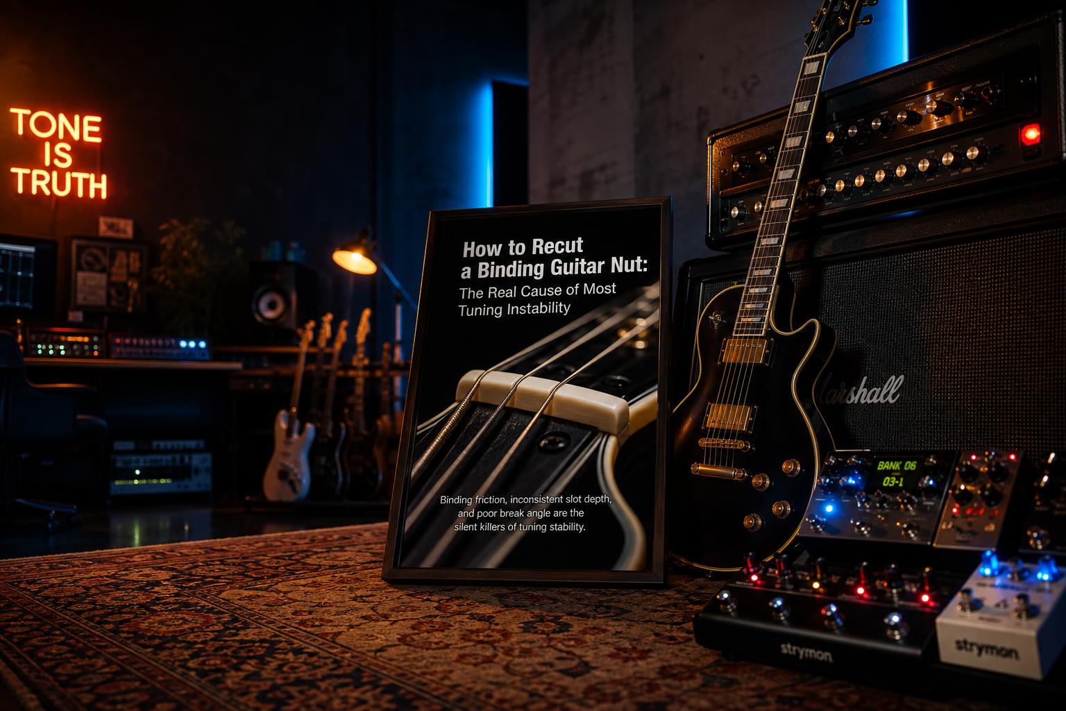 a composition illustrating "How to Recut a Binding Guitar Nut: The Real Cause of Most Tuning Instability"