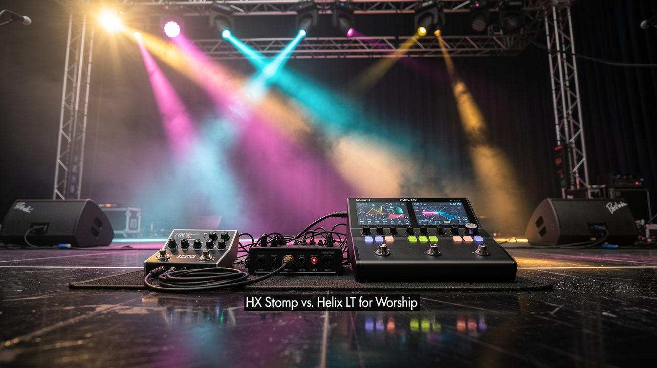 a composition illustrating "HX Stomp vs. Helix LT for Worship"
