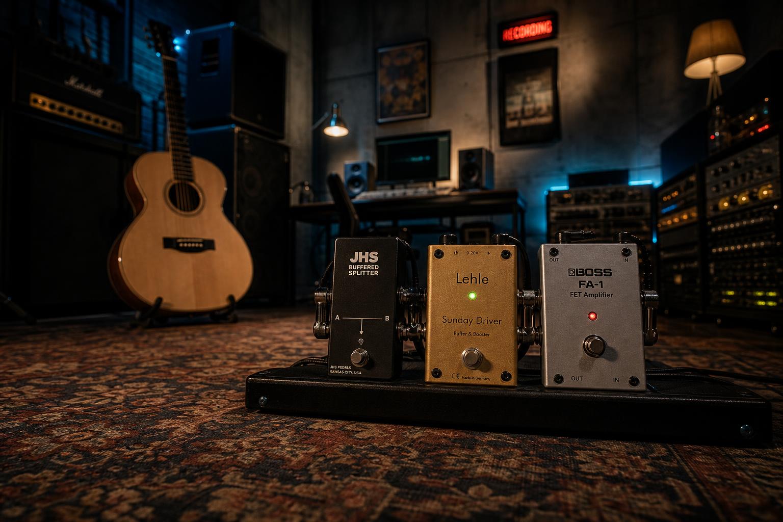 a composition illustrating "JHS Buffered Splitter vs. Lehle Sunday Driver vs. Boss FA-1: Three Acoustic Buffers"