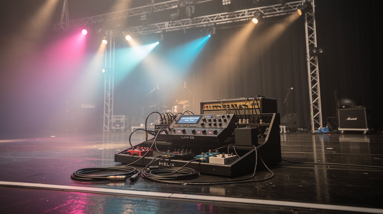 A Line 6 Helix preset for Lincoln Brewster's lead tone — a Plexi Variac amp, a Klon-style boost, a Tube Screamer, a mid-boost EQ, a dotted-eighth delay, and a plate reverb across snapshots
