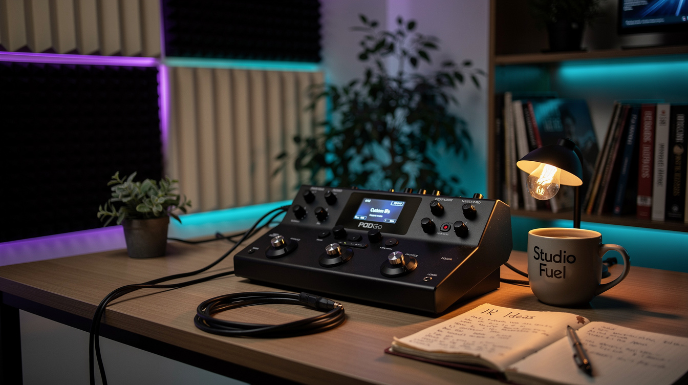 A Line 6 POD Go connected to a laptop showing the POD Go Edit software with the IMPULSES tab open and numbered impulse-response slots