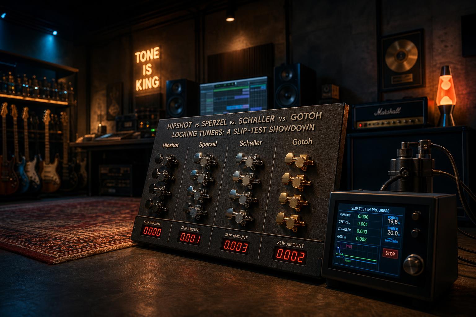 a composition illustrating "Hipshot vs. Sperzel vs. Schaller vs. Gotoh Locking Tuners: A Slip-Test Showdown"
