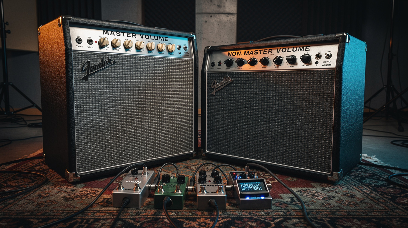 A vintage non-master-volume tube amp and a modern master-volume amp head side by side showing their different front-panel control layouts