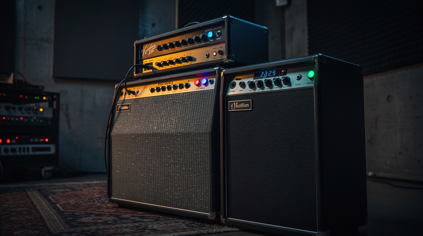 The open back of a 2x12 guitar cabinet showing two different speakers and the wiring running from the input jack to each one