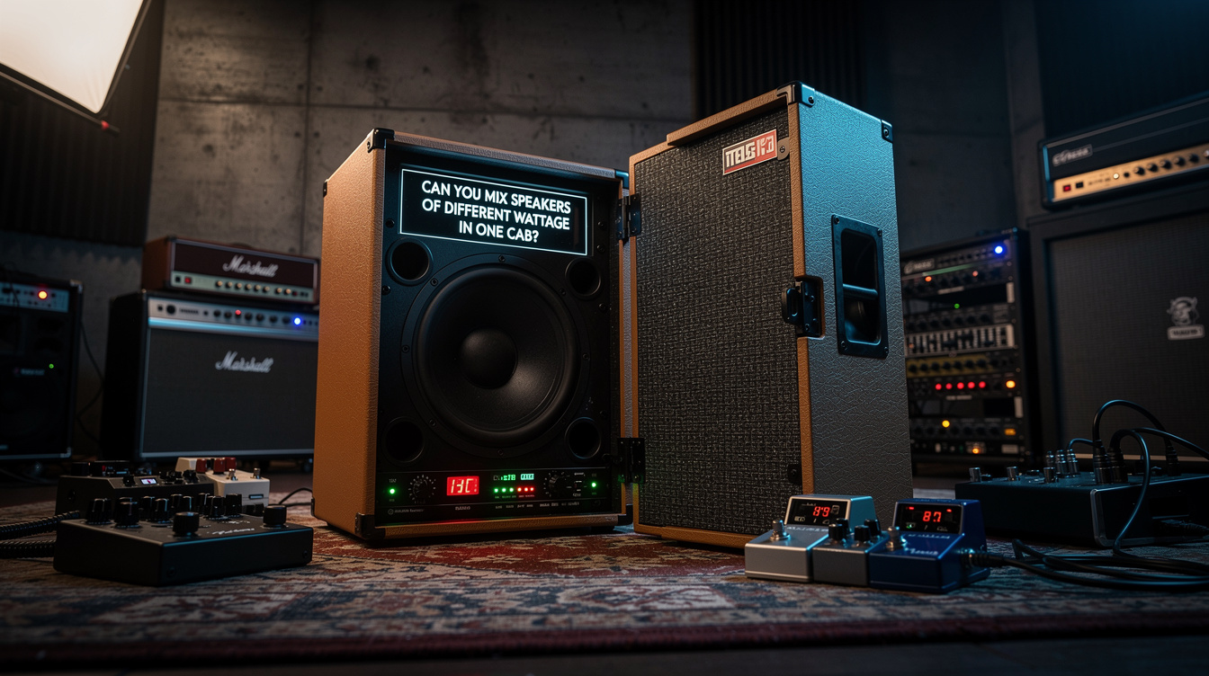 An open 2x12 cabinet with two different Celestion speakers installed, a Greenback and a Vintage 30, wired together on a workbench