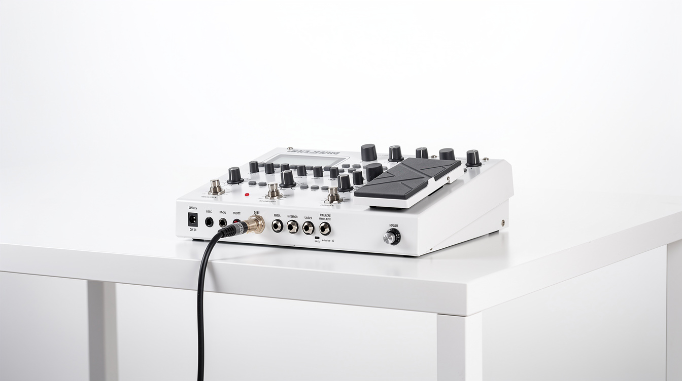 A guitar multi-effects floor processor on a white studio desk, photographed from the rear so the input jack and the plugged-in guitar cable are in focus