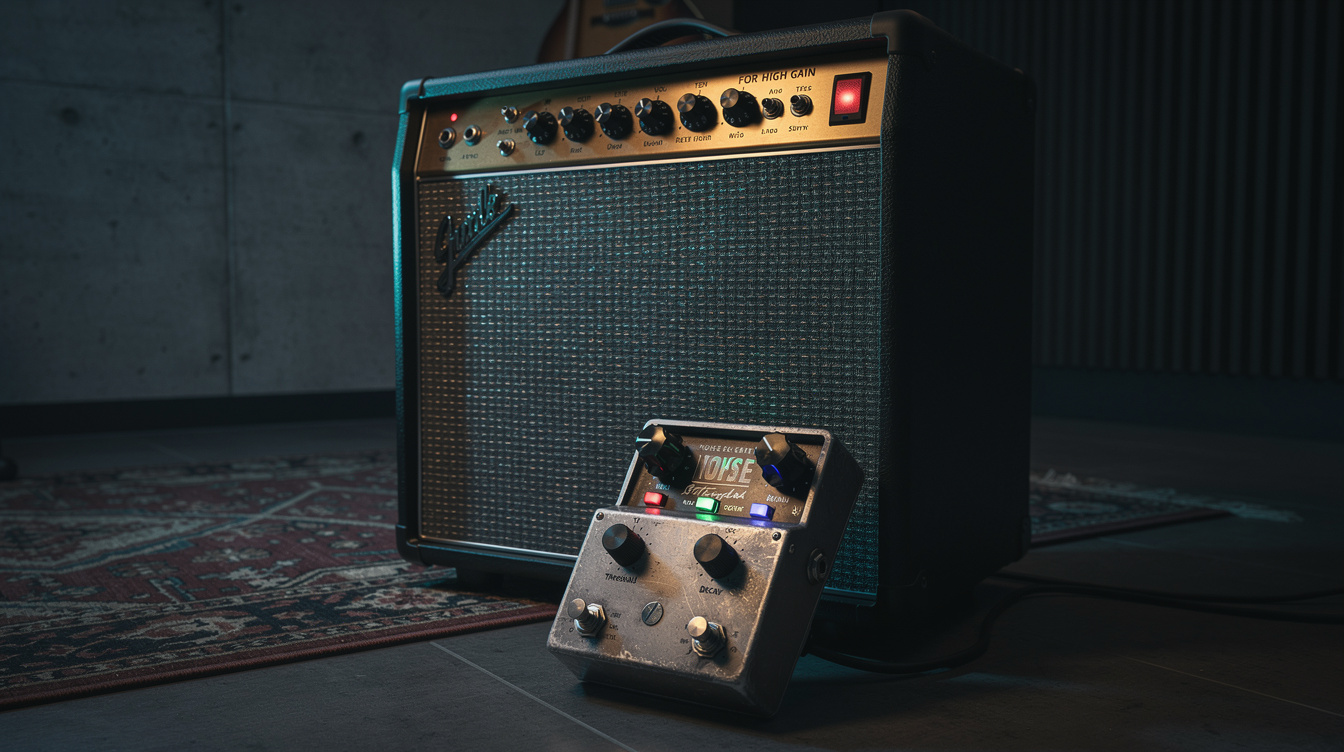 A noise gate pedal on a dark pedalboard with its threshold and decay knobs in focus, set for high-gain metal rhythm